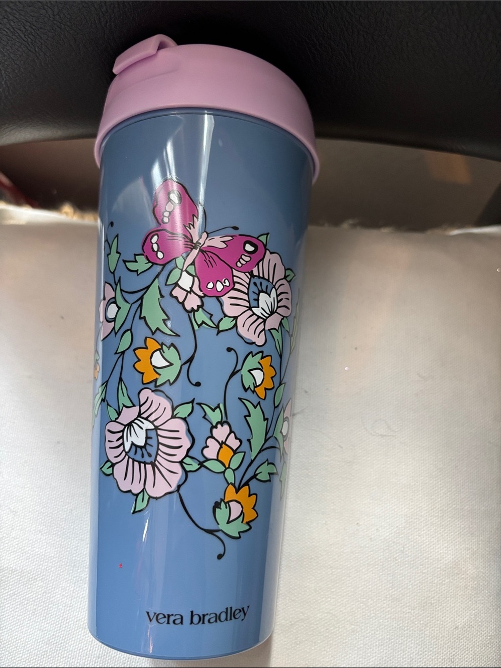 Vera Bradley Blue Floral Tumbler with Pink Lid and Butterfly Design